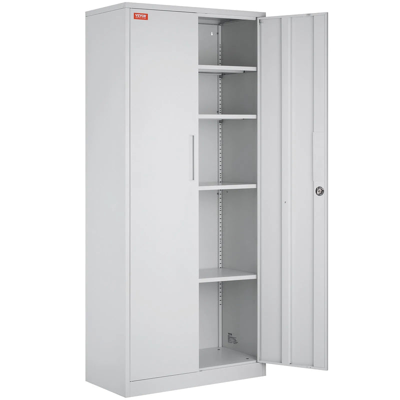 Metāla skapis ar 2 magnētiskām durvīm un 4 regulējamiem plauktiem, 180 cm, nestspēja 90 kg uz plaukta, ar slēdzeni un 3 atslēgām, birojam, mājai, garāžai, balts