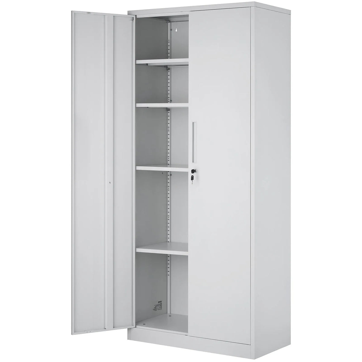 Metal Cabinet with 2 Magnetic Doors and 4 Adjustable Shelves, 180 cm, 90 kg Load Capacity per Shelf, with Lock and 3 Keys, for Office, Home, Garage, White