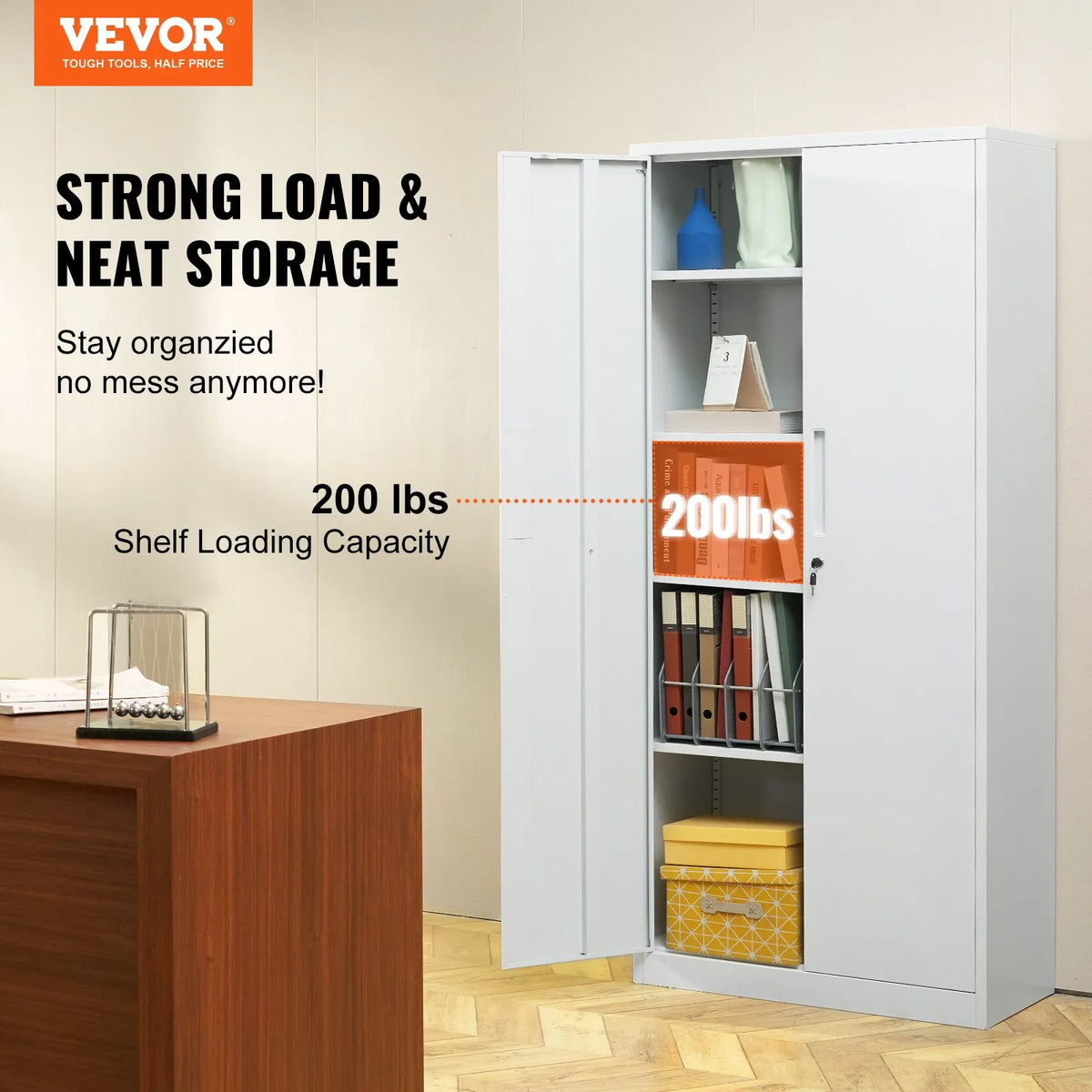 Metal Cabinet with 2 Magnetic Doors and 4 Adjustable Shelves, 180 cm, 90 kg Load Capacity per Shelf, with Lock and 3 Keys, for Office, Home, Garage, White