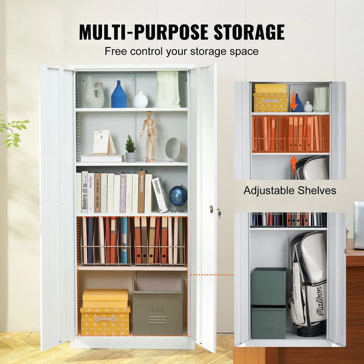 Metal Cabinet with 2 Magnetic Doors and 4 Adjustable Shelves, 180 cm, 90 kg Load Capacity per Shelf, with Lock and 3 Keys, for Office, Home, Garage, White