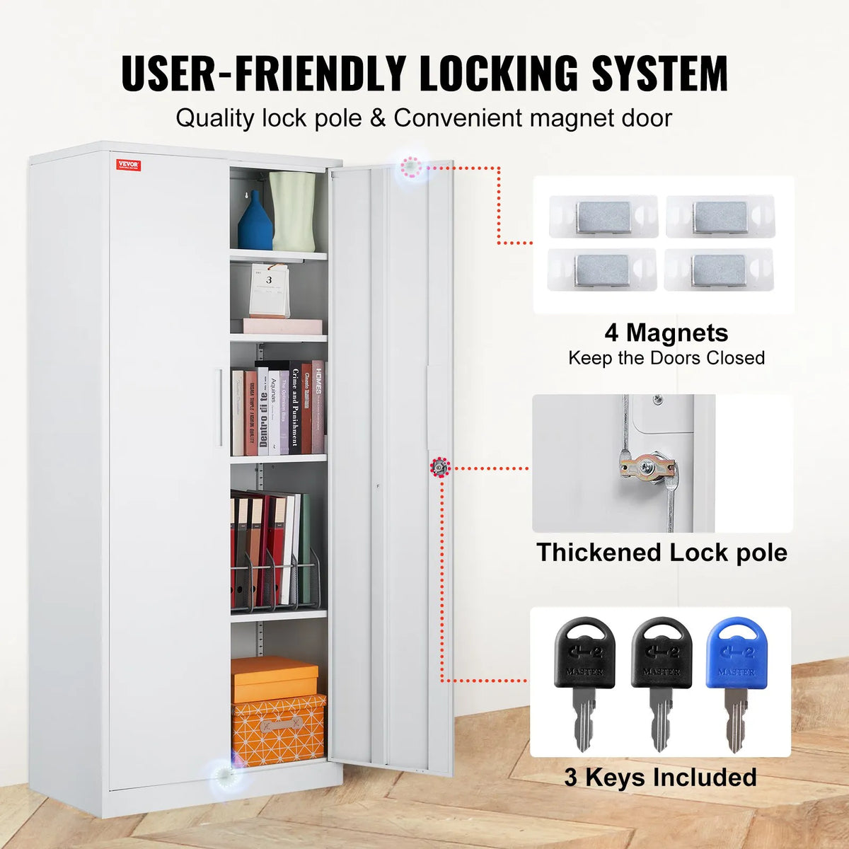 Metal Cabinet with 2 Magnetic Doors and 4 Adjustable Shelves, 180 cm, 90 kg Load Capacity per Shelf, with Lock and 3 Keys, for Office, Home, Garage, White