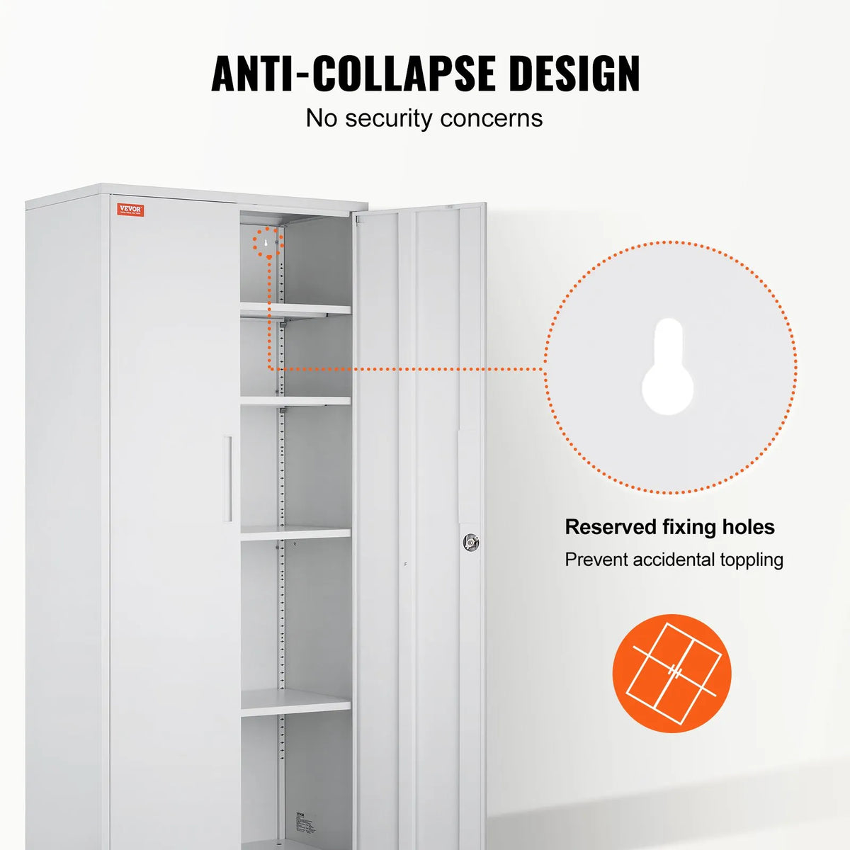 Metal Cabinet with 2 Magnetic Doors and 4 Adjustable Shelves, 180 cm, 90 kg Load Capacity per Shelf, with Lock and 3 Keys, for Office, Home, Garage, White