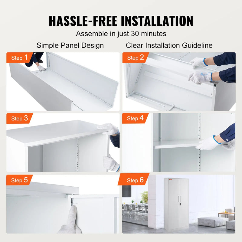 Metāla skapis ar 2 magnētiskām durvīm un 4 regulējamiem plauktiem, 180 cm, nestspēja 90 kg uz plaukta, ar slēdzeni un 3 atslēgām, birojam, mājai, garāžai, balts