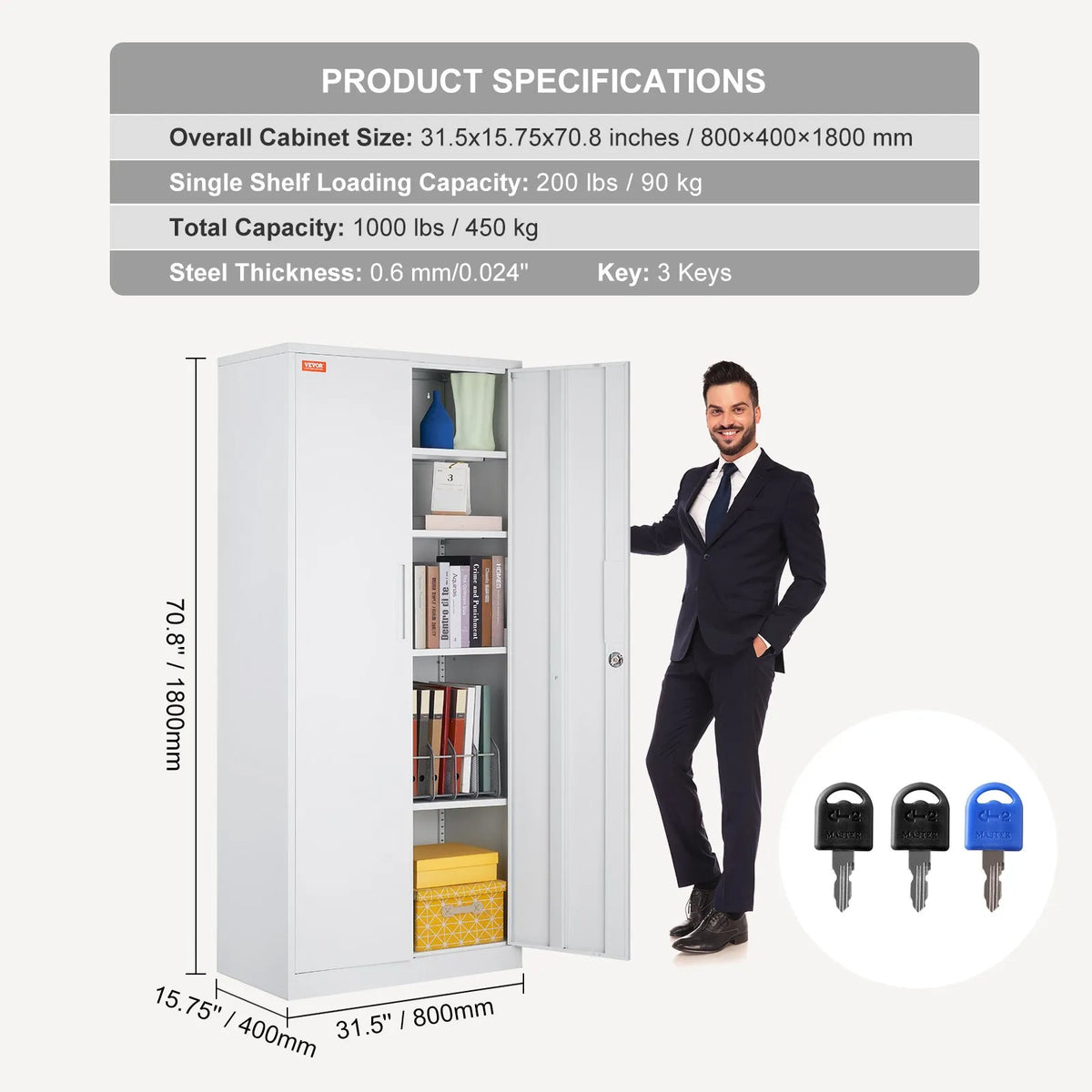 Metal Cabinet with 2 Magnetic Doors and 4 Adjustable Shelves, 180 cm, 90 kg Load Capacity per Shelf, with Lock and 3 Keys, for Office, Home, Garage, White
