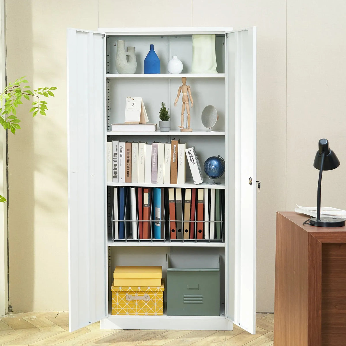 Metal Cabinet with 2 Magnetic Doors and 4 Adjustable Shelves, 180 cm, 90 kg Load Capacity per Shelf, with Lock and 3 Keys, for Office, Home, Garage, White