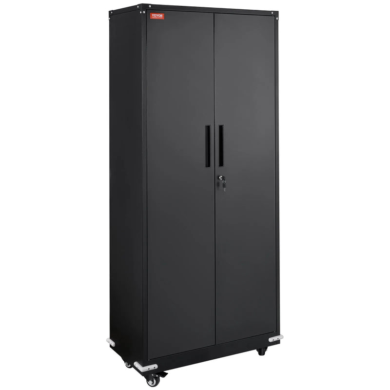 Metāla skapis ar riteņiem, 190,5 cm, ar 4 regulējamiem plauktiem un 2 magnētiskām durvīm, nestspēja 90,7 kg uz plaukta, ar slēdzeni un 3 atslēgām, birojam, garāžai, mājai, melns