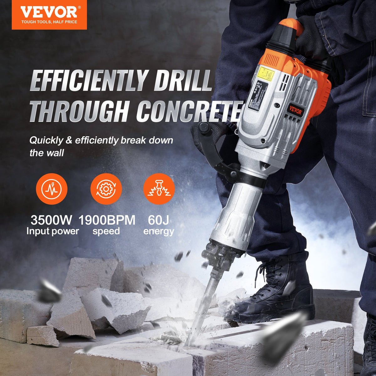 Electric demolition hammer for concrete breaking, 3500 W electric hammer with 2 chisel bits