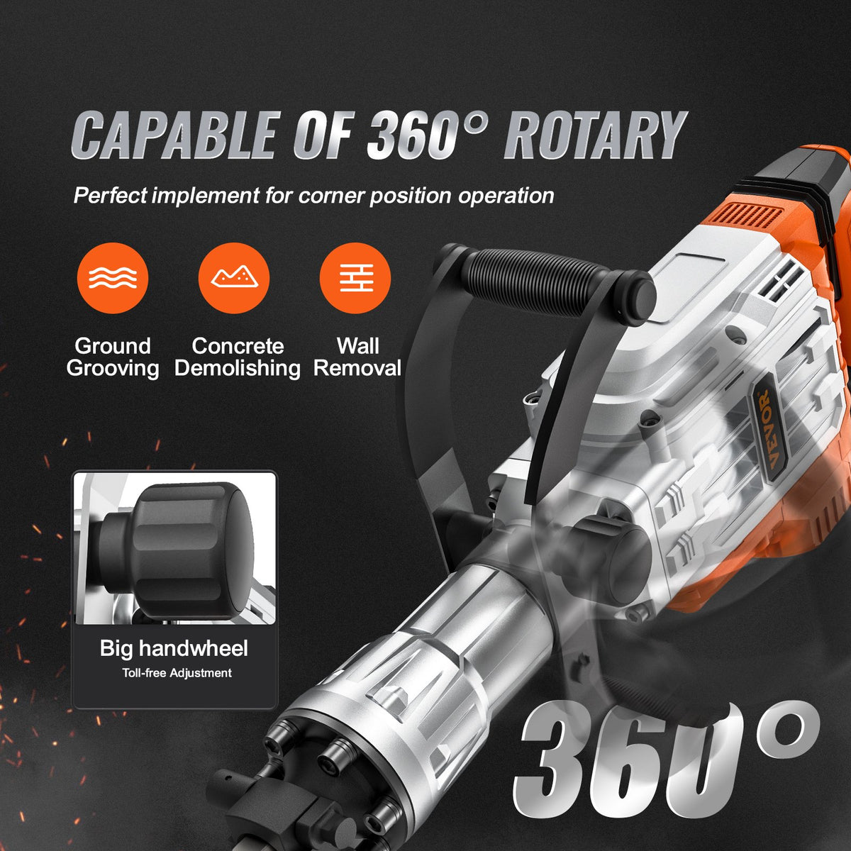 Electric demolition hammer for concrete breaking, 3500 W electric hammer with 2 chisel bits