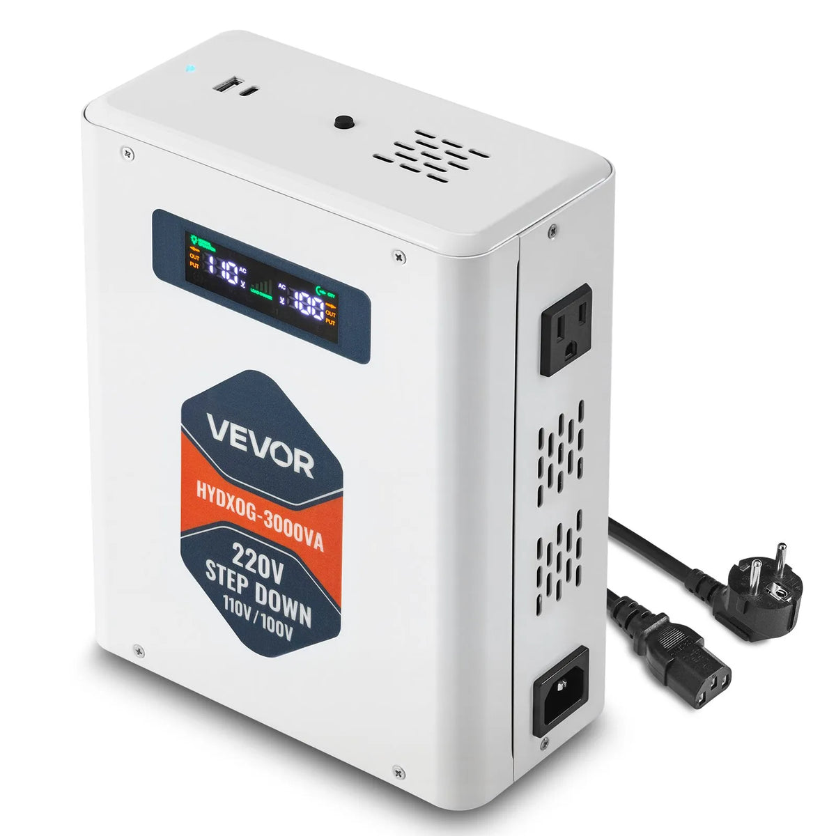 VEVOR sprieguma pazemināšanas pārveidotājs 3000 VA ar 220 V uz 110 V transformāciju, ar 2 US ligzdām, USB izeju, LCD displeju un temperatūras aizsardzību 110 V ierīcēm - ZEMLETES.LV