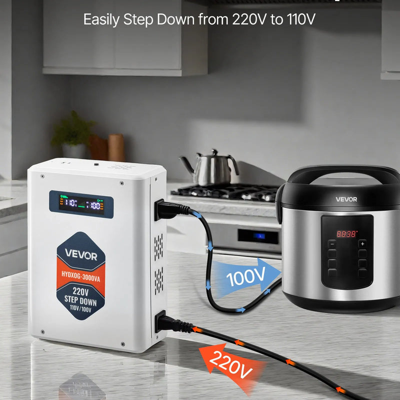 VEVOR sprieguma pazemināšanas pārveidotājs 3000 VA ar 220 V uz 110 V transformāciju, ar 2 US ligzdām, USB izeju, LCD displeju un temperatūras aizsardzību 110 V ierīcēm - ZEMLETES.LV