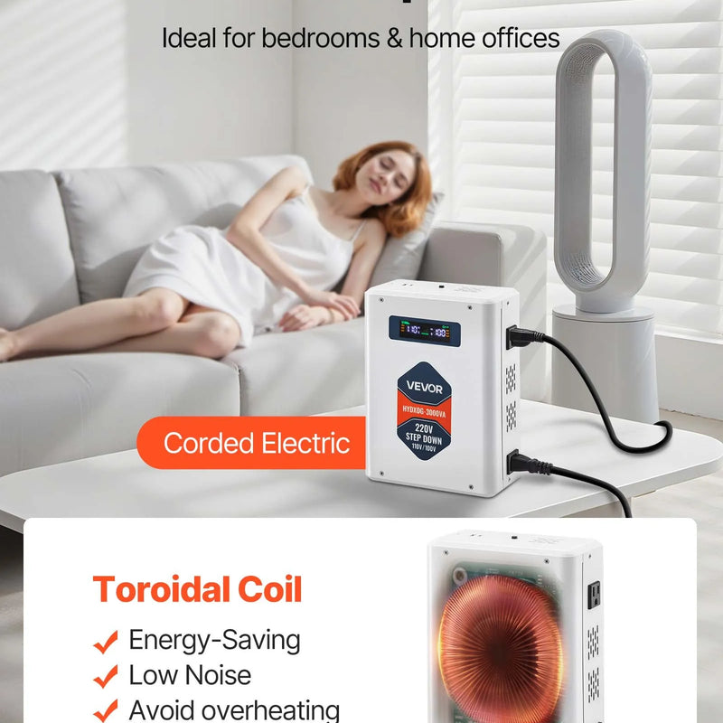 VEVOR sprieguma pazemināšanas pārveidotājs 3000 VA ar 220 V uz 110 V transformāciju, ar 2 US ligzdām, USB izeju, LCD displeju un temperatūras aizsardzību 110 V ierīcēm - ZEMLETES.LV