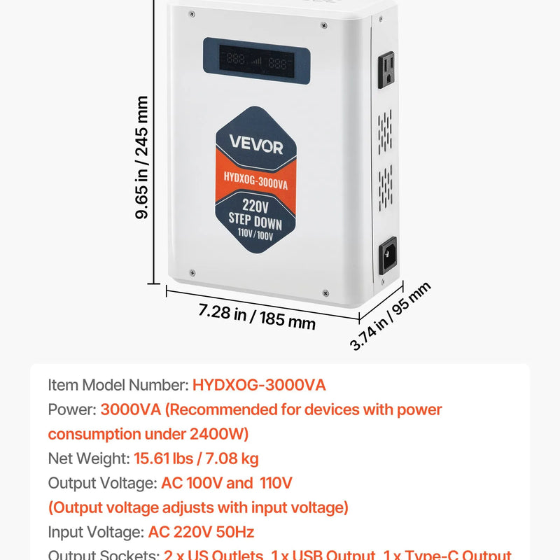 VEVOR sprieguma pazemināšanas pārveidotājs 3000 VA ar 220 V uz 110 V transformāciju, ar 2 US ligzdām, USB izeju, LCD displeju un temperatūras aizsardzību 110 V ierīcēm - ZEMLETES.LV
