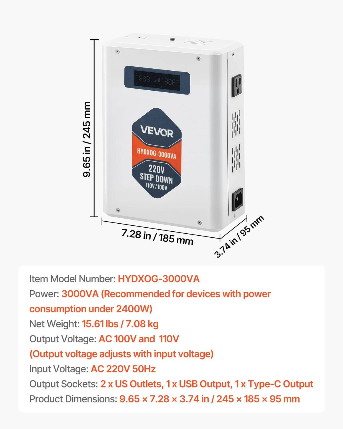 VEVOR sprieguma pazemināšanas pārveidotājs 3000 VA ar 220 V uz 110 V transformāciju, ar 2 US ligzdām, USB izeju, LCD displeju un temperatūras aizsardzību 110 V ierīcēm - ZEMLETES.LV