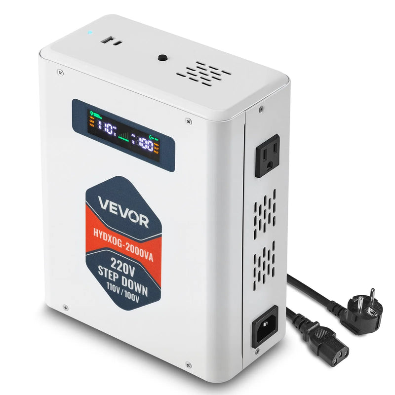 VEVOR sprieguma pazemināšanas pārveidotājs 2000 VA ar 220 V uz 110 V transformāciju, ar 2 US ligzdām, USB izeju, LCD displeju un temperatūras aizsardzību 110 V ierīcēm - ZEMLETES.LV