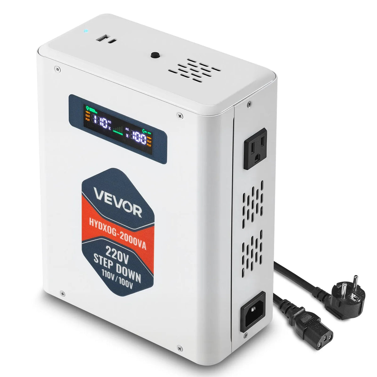 VEVOR sprieguma pazemināšanas pārveidotājs 2000 VA ar 220 V uz 110 V transformāciju, ar 2 US ligzdām, USB izeju, LCD displeju un temperatūras aizsardzību 110 V ierīcēm - ZEMLETES.LV
