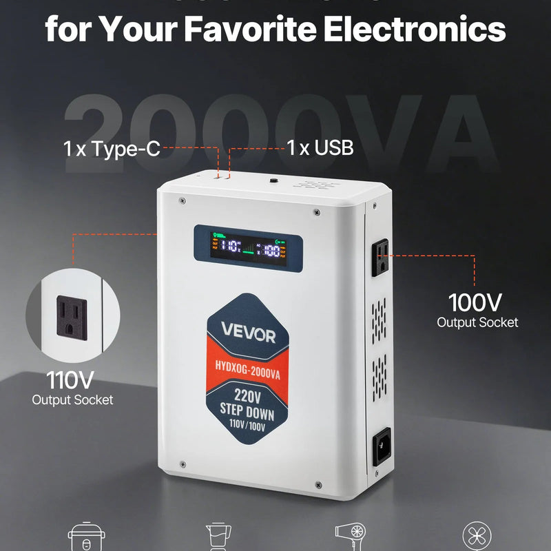 VEVOR sprieguma pazemināšanas pārveidotājs 2000 VA ar 220 V uz 110 V transformāciju, ar 2 US ligzdām, USB izeju, LCD displeju un temperatūras aizsardzību 110 V ierīcēm - ZEMLETES.LV