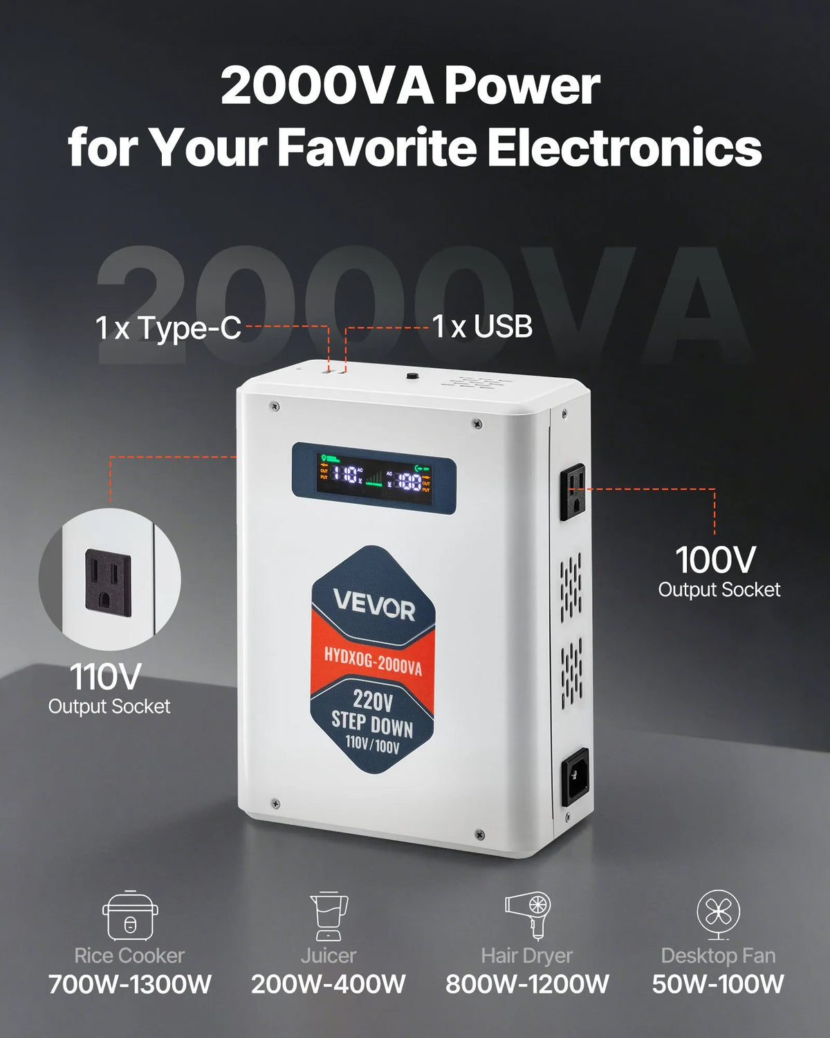 VEVOR sprieguma pazemināšanas pārveidotājs 2000 VA ar 220 V uz 110 V transformāciju, ar 2 US ligzdām, USB izeju, LCD displeju un temperatūras aizsardzību 110 V ierīcēm - ZEMLETES.LV