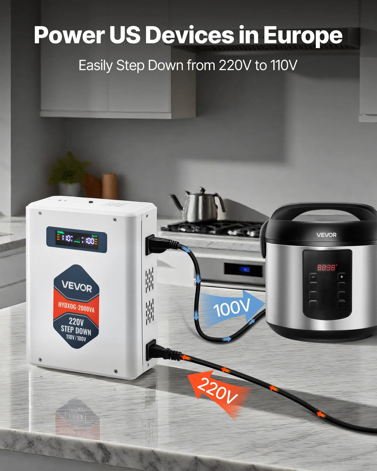 VEVOR sprieguma pazemināšanas pārveidotājs 2000 VA ar 220 V uz 110 V transformāciju, ar 2 US ligzdām, USB izeju, LCD displeju un temperatūras aizsardzību 110 V ierīcēm - ZEMLETES.LV