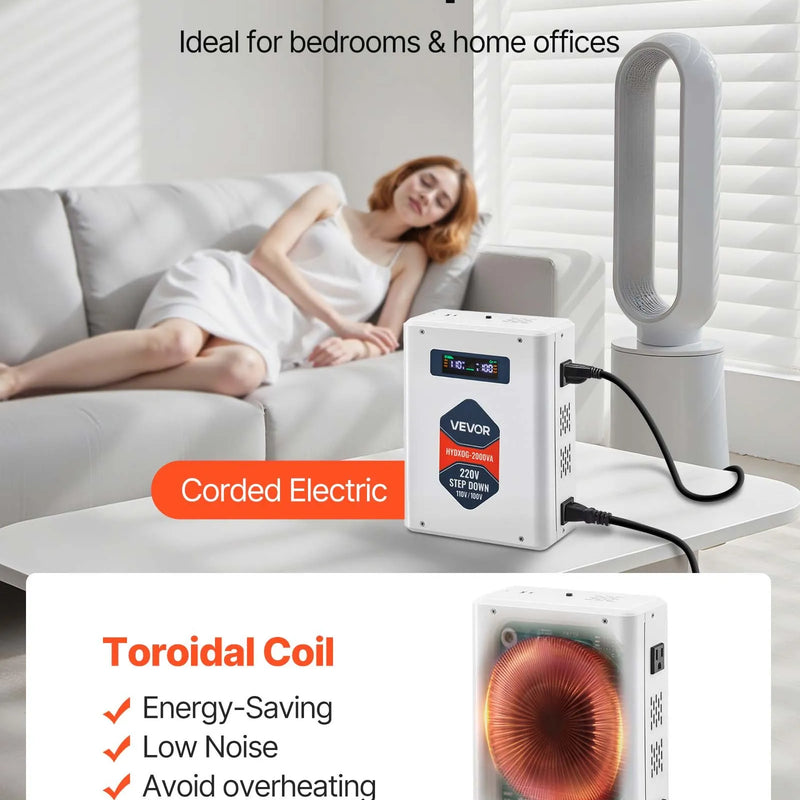 VEVOR sprieguma pazemināšanas pārveidotājs 2000 VA ar 220 V uz 110 V transformāciju, ar 2 US ligzdām, USB izeju, LCD displeju un temperatūras aizsardzību 110 V ierīcēm - ZEMLETES.LV