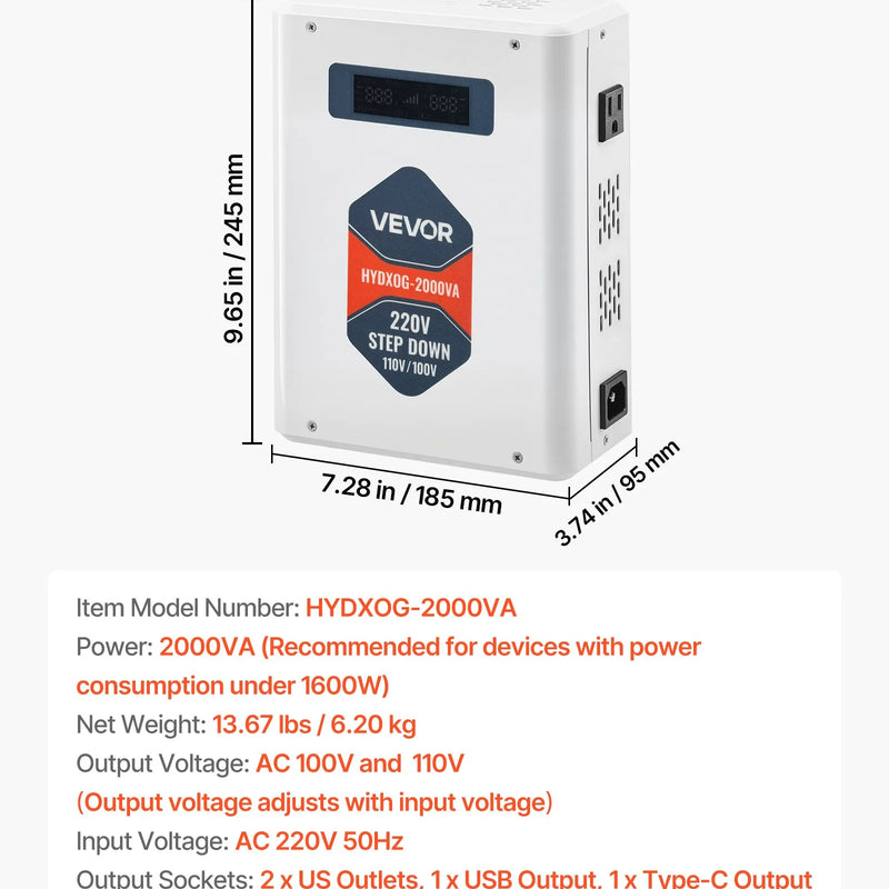 VEVOR sprieguma pazemināšanas pārveidotājs 2000 VA ar 220 V uz 110 V transformāciju, ar 2 US ligzdām, USB izeju, LCD displeju un temperatūras aizsardzību 110 V ierīcēm - ZEMLETES.LV