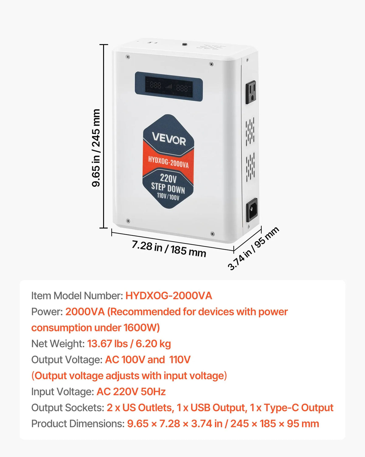 VEVOR sprieguma pazemināšanas pārveidotājs 2000 VA ar 220 V uz 110 V transformāciju, ar 2 US ligzdām, USB izeju, LCD displeju un temperatūras aizsardzību 110 V ierīcēm - ZEMLETES.LV