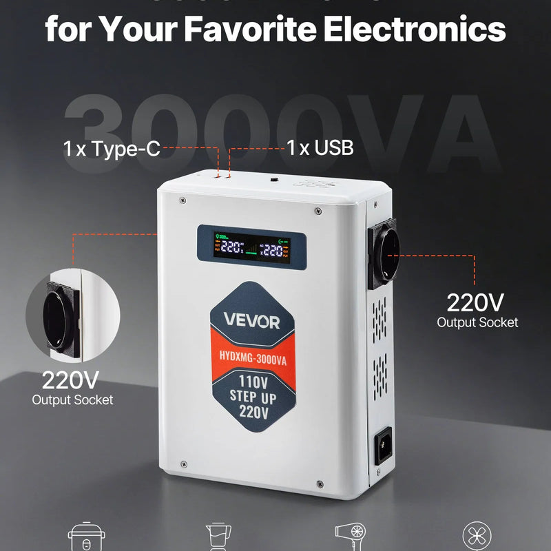 VEVOR Sprieguma Pārveidotājs 3000VA, 110V uz 220V Jaudas Transformators, Smagās Slodzes, ar 2 EU Rozetēm, USB Izeju, LCD Displeju, Temperatūras Aizsardzību, 220V Ierīcēm - ZEMLETES.LV