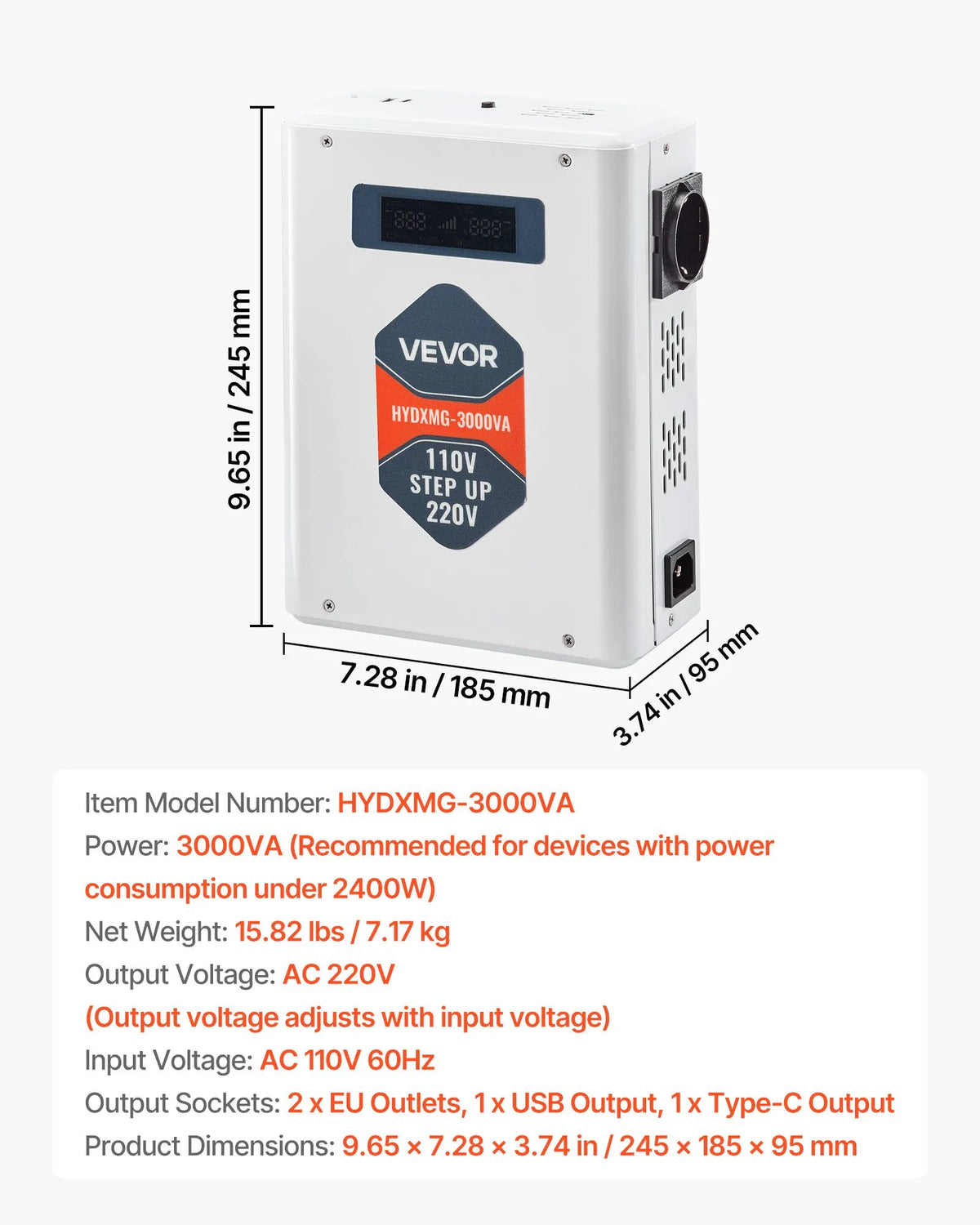 VEVOR Sprieguma Pārveidotājs 3000VA, 110V uz 220V Jaudas Transformators, Smagās Slodzes, ar 2 EU Rozetēm, USB Izeju, LCD Displeju, Temperatūras Aizsardzību, 220V Ierīcēm - ZEMLETES.LV