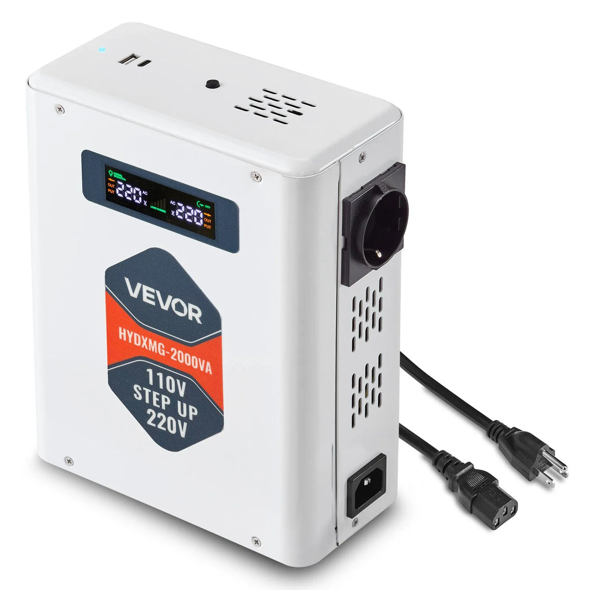 VEVOR sprieguma pārveidotājs 2000 VA ar 110 V uz 220 V transformāciju, ar 2 EU ligzdām, USB izeju, LCD displeju un temperatūras aizsardzību 220 V ierīcēm - ZEMLETES.LV