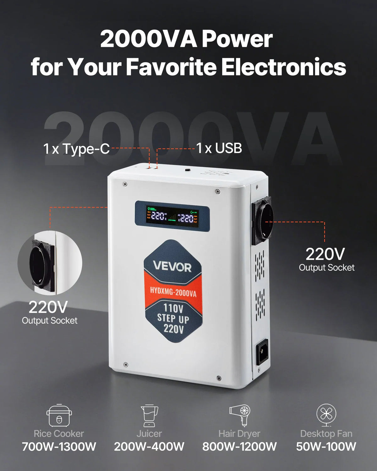 VEVOR sprieguma pārveidotājs 2000 VA ar 110 V uz 220 V transformāciju, ar 2 EU ligzdām, USB izeju, LCD displeju un temperatūras aizsardzību 220 V ierīcēm - ZEMLETES.LV