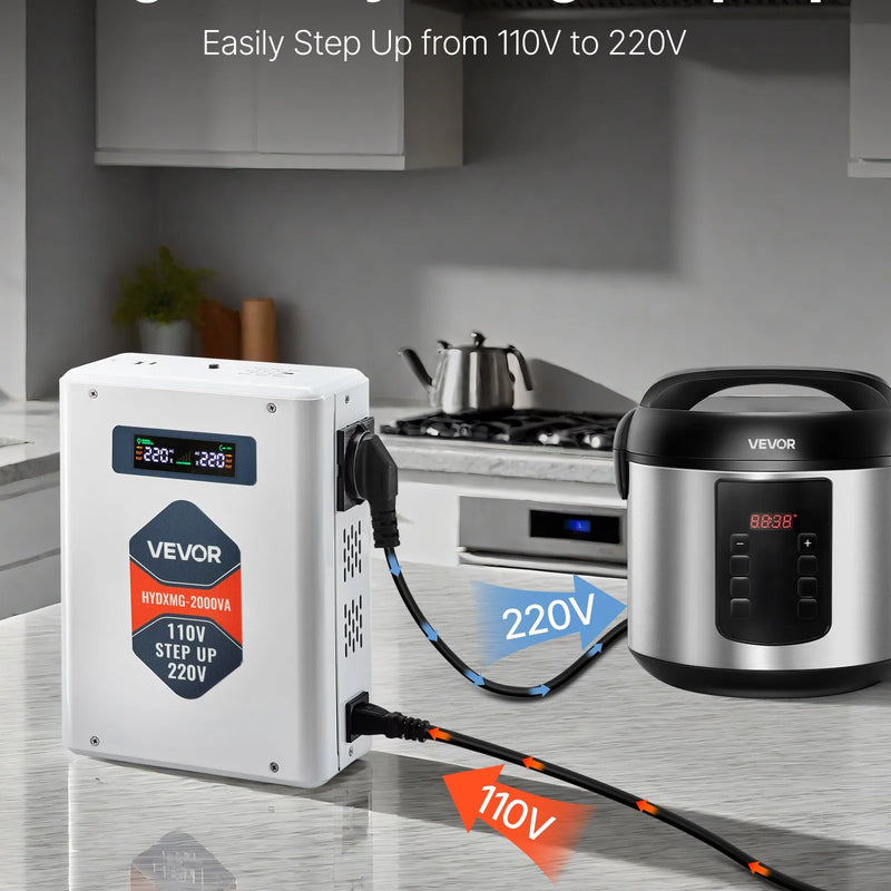 VEVOR sprieguma pārveidotājs 2000 VA ar 110 V uz 220 V transformāciju, ar 2 EU ligzdām, USB izeju, LCD displeju un temperatūras aizsardzību 220 V ierīcēm - ZEMLETES.LV