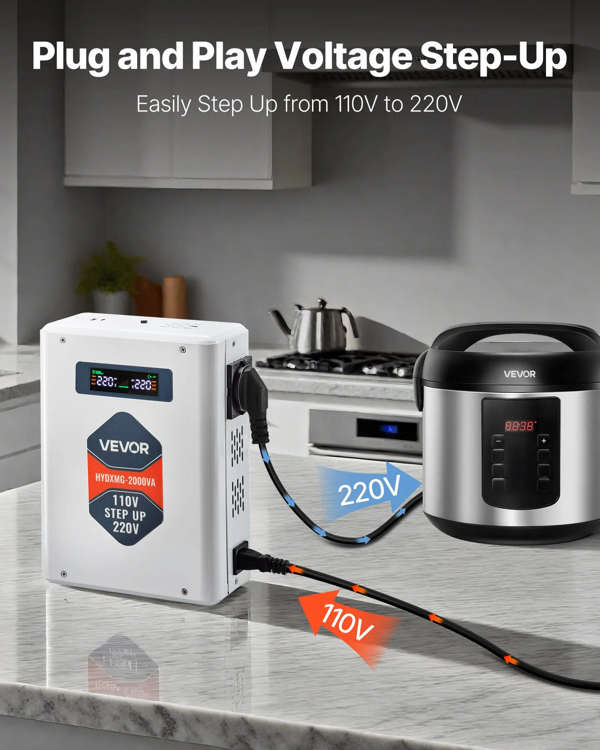VEVOR sprieguma pārveidotājs 2000 VA ar 110 V uz 220 V transformāciju, ar 2 EU ligzdām, USB izeju, LCD displeju un temperatūras aizsardzību 220 V ierīcēm - ZEMLETES.LV