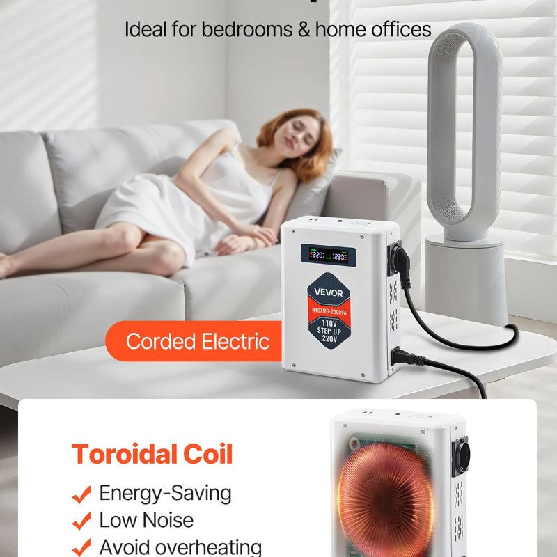 VEVOR sprieguma pārveidotājs 2000 VA ar 110 V uz 220 V transformāciju, ar 2 EU ligzdām, USB izeju, LCD displeju un temperatūras aizsardzību 220 V ierīcēm - ZEMLETES.LV