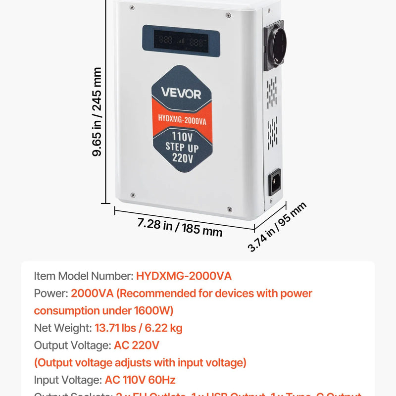 VEVOR sprieguma pārveidotājs 2000 VA ar 110 V uz 220 V transformāciju, ar 2 EU ligzdām, USB izeju, LCD displeju un temperatūras aizsardzību 220 V ierīcēm - ZEMLETES.LV