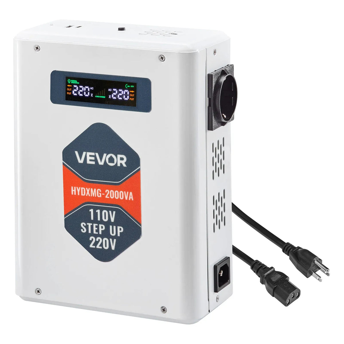 VEVOR sprieguma pārveidotājs 2000 VA ar 110 V uz 220 V transformāciju, ar 2 EU ligzdām, USB izeju, LCD displeju un temperatūras aizsardzību 220 V ierīcēm - ZEMLETES.LV