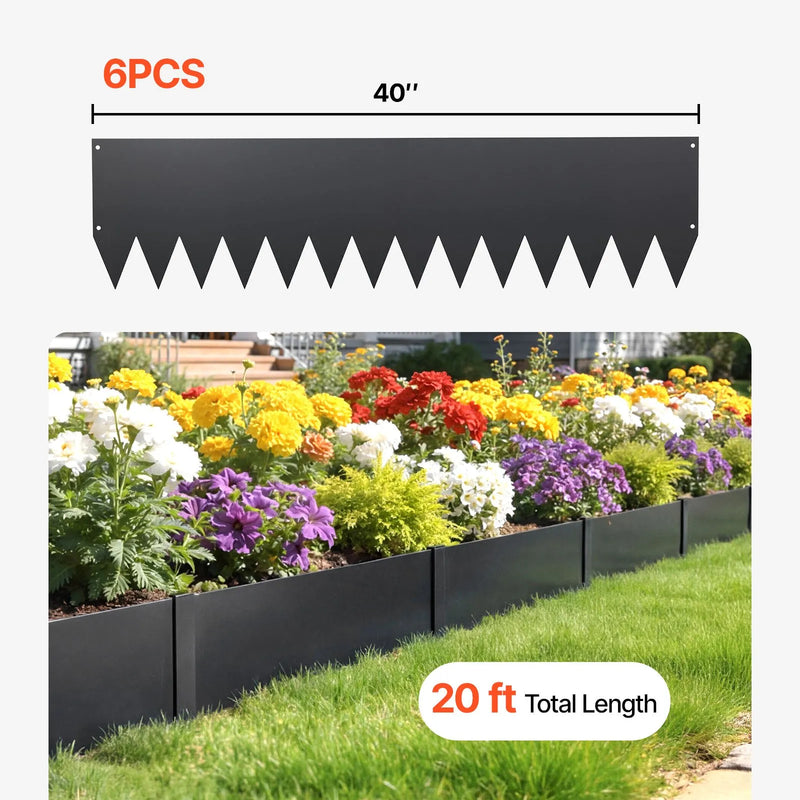 VEVOR cinkota tērauda dārza apmales 6 gab. komplekts 1016 × 254 mm ar 8 stiprinājuma klipšiem, smagas konstrukcijas metāla apmales puķu dobēm, celiņiem un dārza zonām, melnas - ZEMLETES.LV