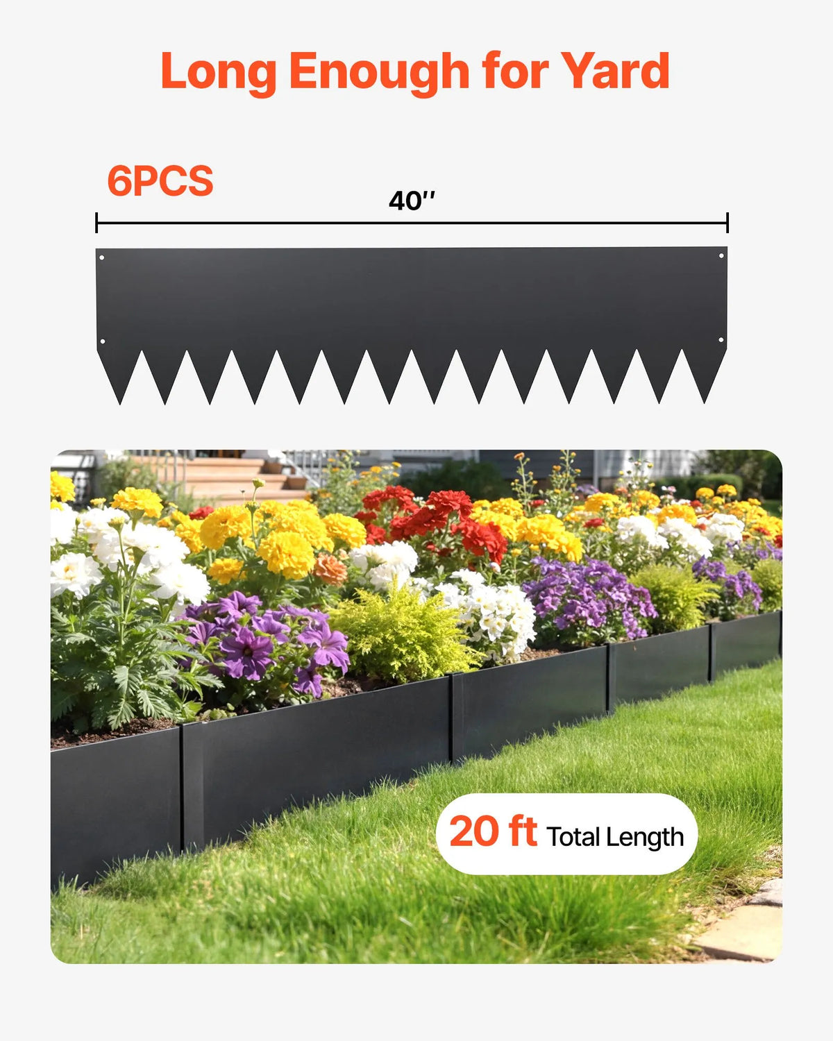 VEVOR cinkota tērauda dārza apmales 6 gab. komplekts 1016 × 254 mm ar 8 stiprinājuma klipšiem, smagas konstrukcijas metāla apmales puķu dobēm, celiņiem un dārza zonām, melnas - ZEMLETES.LV