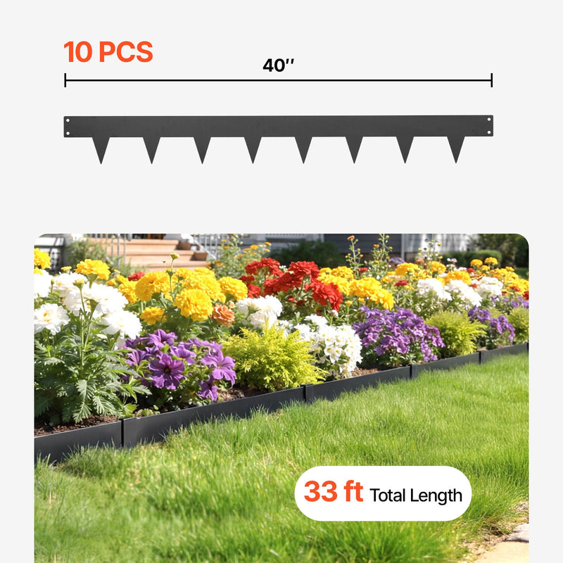 VEVOR cinkota tērauda dārza apmales 10 gab. komplekts 1016 × 114 mm ar 11 stiprinājuma klipšiem, smagas konstrukcijas metāla apmales puķu dobēm, celiņiem un dārza zonām, melnas - ZEMLETES.LV