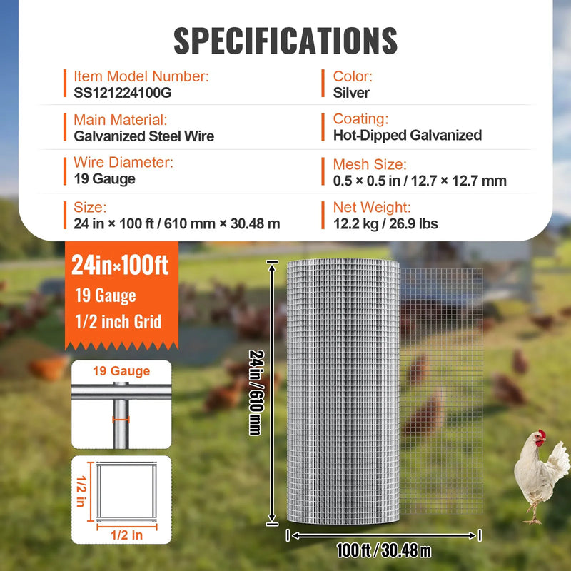 Metāla siets 12,7 mm, 610 mm × 30,5 m, 1,0 mm stieple, karsti cinkots, žogiem, trušu būriem, dārzam un mazo grauzēju aizsardzībai
