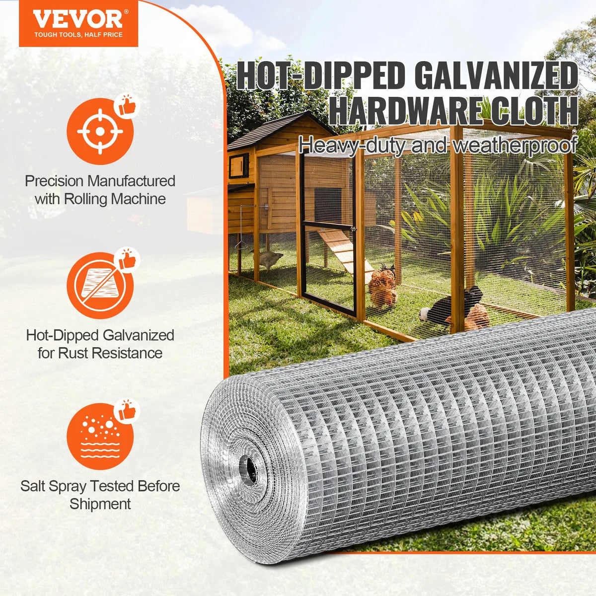 Metal mesh 12.7 mm, 61 × 762 cm, 19 Ga hot-dipped galvanised wire rolls, chicken fence, rabbit hutches, garden and rodent protection