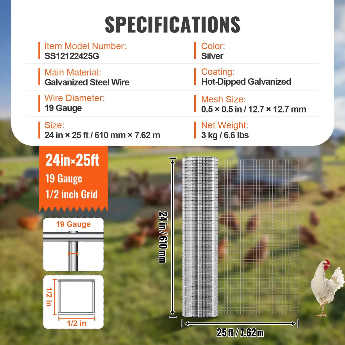 Metal mesh 12.7 mm, 61 × 762 cm, 19 Ga hot-dipped galvanised wire rolls, chicken fence, rabbit hutches, garden and rodent protection