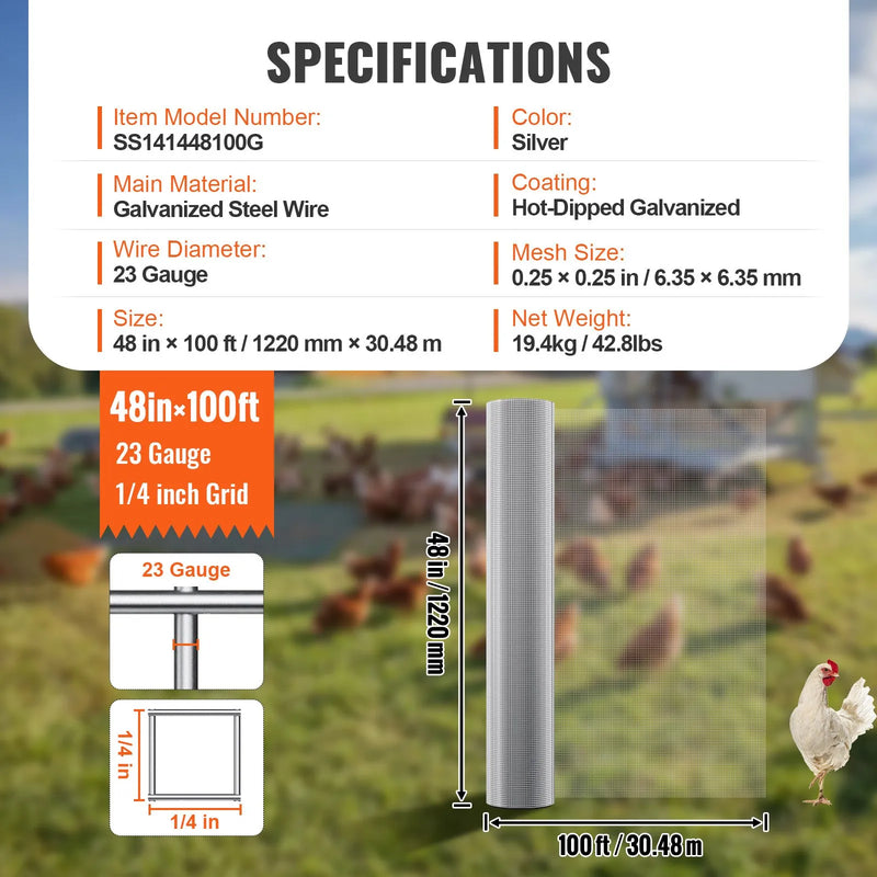 Метала сиетс 6,35 мм, 1,22 × 30,5 м, 23 Ga stieple ruļļļos, vistas žogs