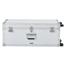 VEVOR metāla uzglabāšanas lādes, 2 gab. komplekts ar koka apdari un piekaramām slēdzenēm, lielā lāde ar riteņiem un 3 metāla rokturiem, dekoratīvas uzglabāšanas kastes ar vākiem ceļošanai, dzīvoklim un kopmītnei, balta