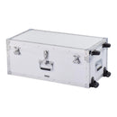 VEVOR metāla uzglabāšanas lādes, 2 gab. komplekts ar koka apdari un piekaramām slēdzenēm, lielā lāde ar riteņiem un 3 metāla rokturiem, dekoratīvas uzglabāšanas kastes ar vākiem ceļošanai, dzīvoklim un kopmītnei, balta