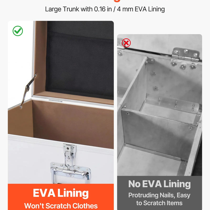 VEVOR metāla uzglabāšanas lādes, 2 gab. komplekts ar koka apdari un piekaramām slēdzenēm, lielā lāde ar riteņiem un 3 metāla rokturiem, dekoratīvas uzglabāšanas kastes ar vākiem ceļošanai, dzīvoklim un kopmītnei, balta