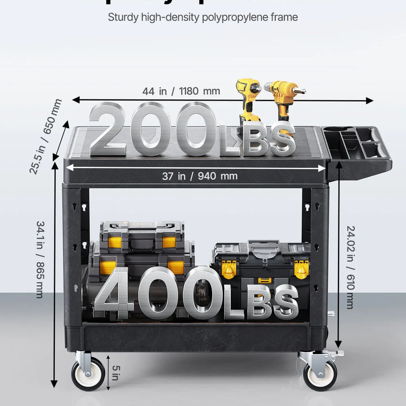 VEVOR 2 plauktu lielas slodzes plastmasas saimniecības ratiņi, 249,5 kg, 94 × 64,5 cm, ar 360° grozāmiem riteņiem un bremzēm