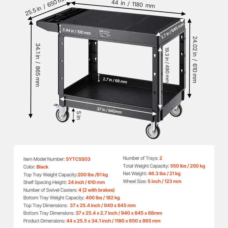 VEVOR 2 plauktu lielas slodzes plastmasas saimniecības ratiņi, 249,5 kg, 94 × 64,5 cm, ar 360° grozāmiem riteņiem un bremzēm