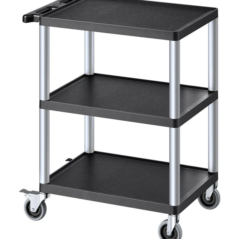 VEVOR 3 plauktu lielas slodzes plastmasas servisa ratiņi, 136 kg, 70,1 × 46 cm, ar 360° grozāmiem riteņiem un bremzēm