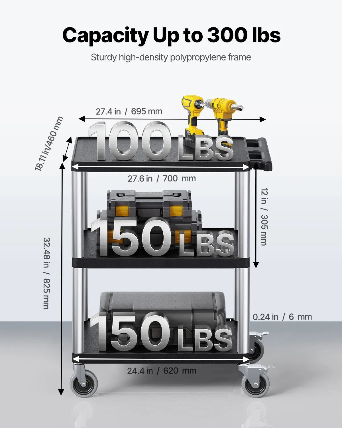 VEVOR 3-riiuliline suure kandevõimega plastist serveerimisvanker, 136 kg, 70,1 × 46 cm, 360° pöörlevate rataste ja piduritega