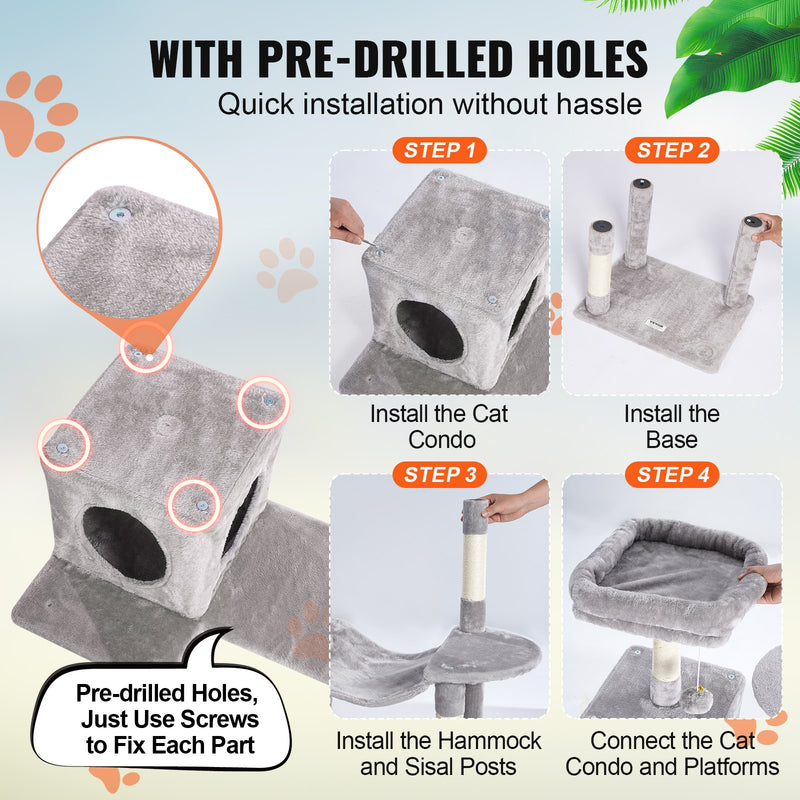 VEVOR Kaķu tornis 143 cm ar mājiņu, platformām un sizala skrāpēšanas stabiem, gaiši pelēks