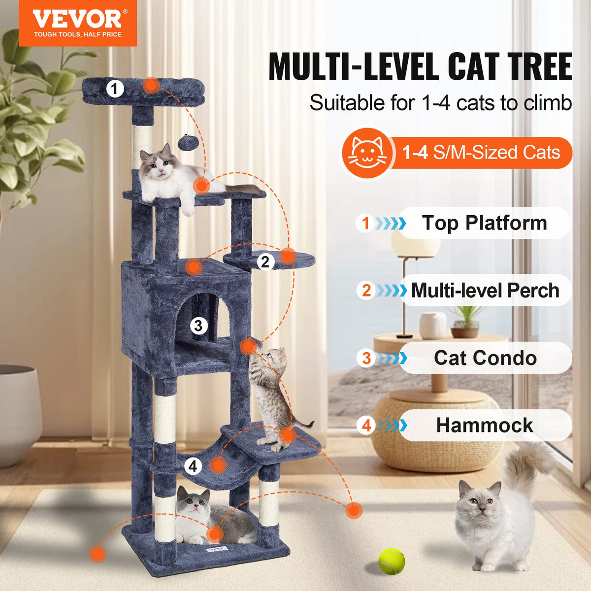 VEVOR Cat Tree 154 cm with House and Sisal Scratching Posts, Dark Grey